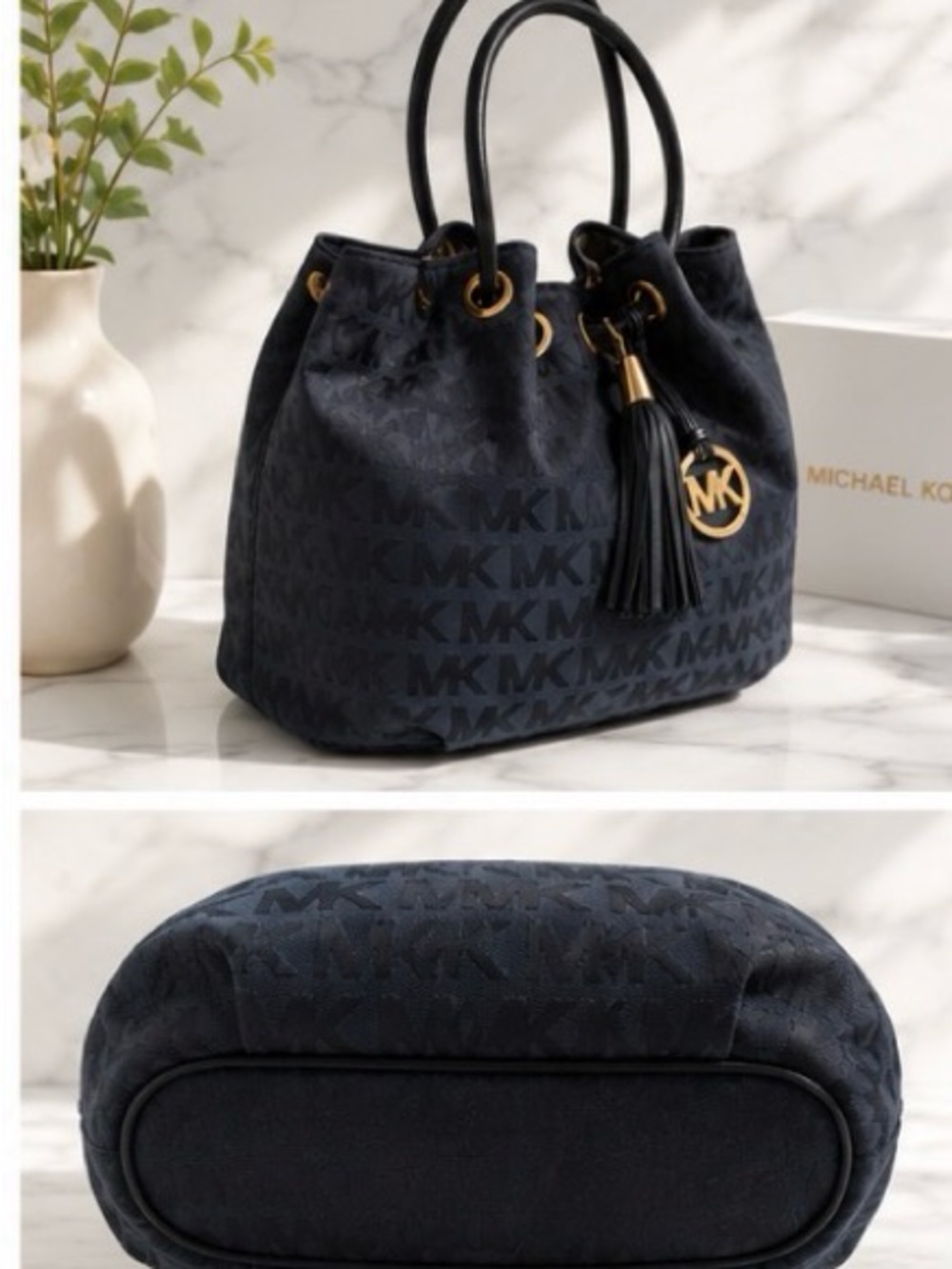 Michael Kors Navy MK Signature Tote with Tassel and MK Charm - Picture 2 of 15